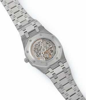  25829PT Audemars Piguet Royal Oak perpetual calendar skeleton dial platinum full set pre-owned watch for sale online at A Collected Man London UK specialist of rare watches