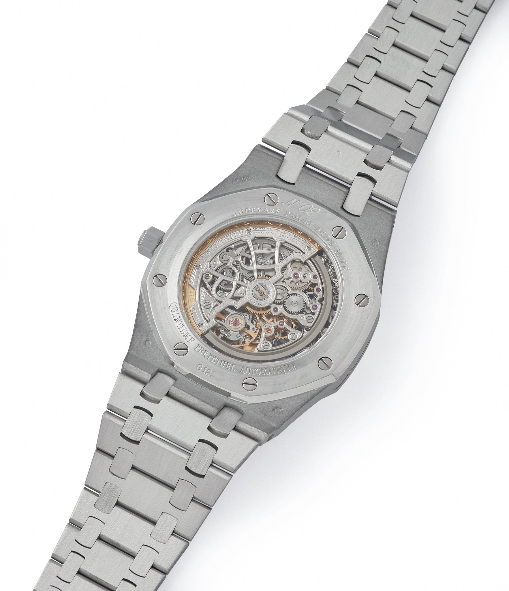 automatic Audemars Piguet Royal Oak perpetual calendar skeleton dial platinum full set pre-owned watch for sale online at A Collected Man London UK specialist of rare watches