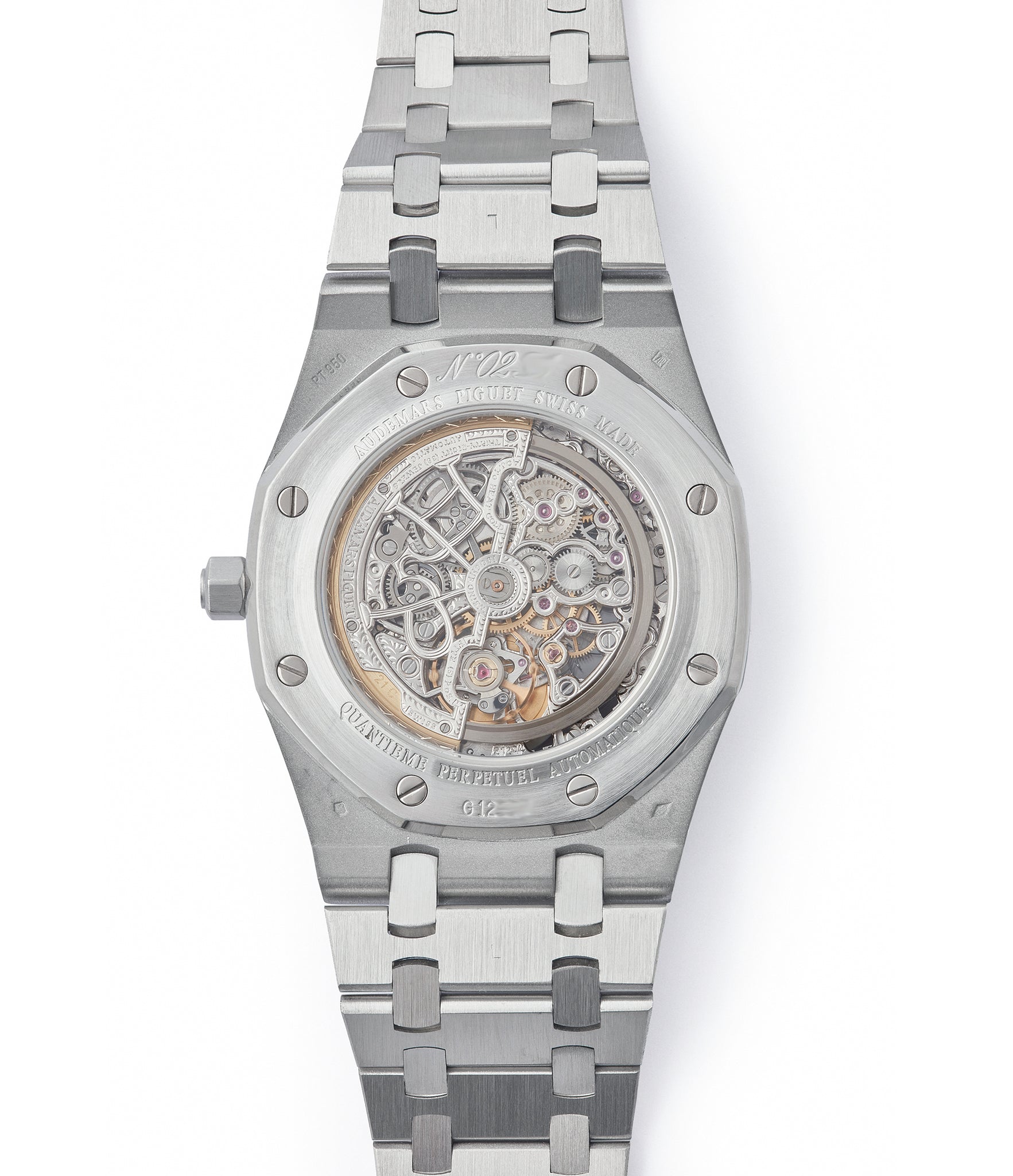 Audemars Piguet Quantieme Perpetual Royal Oak  25829PT perpetual calendar skeleton dial platinum full set pre-owned watch for sale online at A Collected Man London UK specialist of rare watches