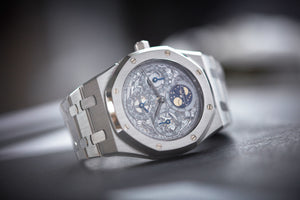 men's rare pre-owned luxury sports dress watch Audemars Piguet Royal Oak Quantieme Perpetual 25829PT calendar skeleton dial platinum full set pre-owned watch for sale online at A Collected Man London UK specialist of rare watches