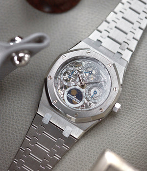 rare Audemars Piguet Royal Oak 25829PT perpetual calendar skeleton dial platinum full set pre-owned watch for sale online at A Collected Man London UK specialist of rare watches
