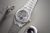 Audemars Piguet Royal Oak Quantieme Perpetual 25829PT calendar skeleton dial platinum full set pre-owned watch for sale online at A Collected Man London UK specialist of rare watches