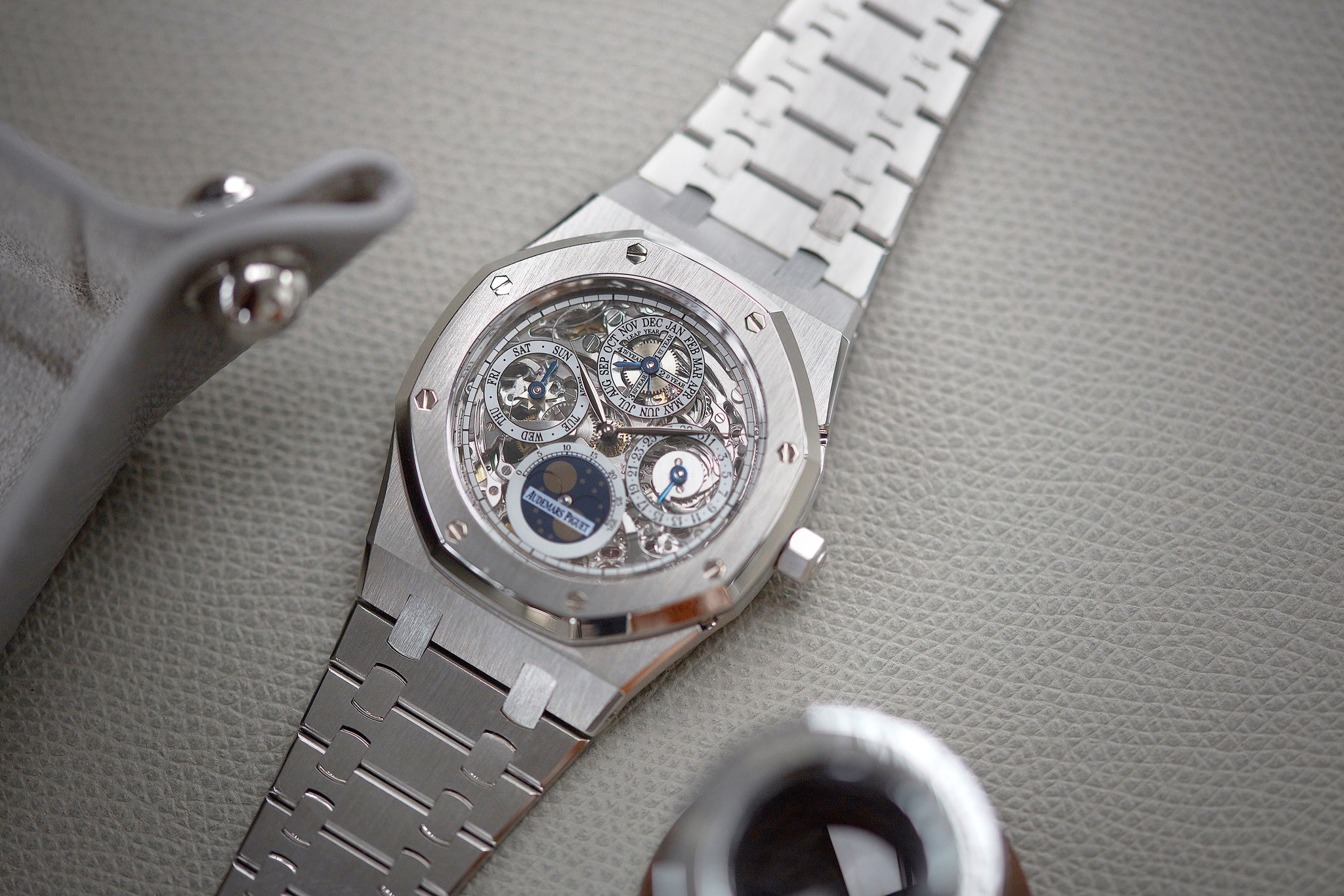 Audemars Piguet Royal Oak Quantieme Perpetual 25829PT calendar skeleton dial platinum full set pre-owned watch for sale online at A Collected Man London UK specialist of rare watches