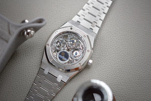 Audemars Piguet Royal Oak Quantieme Perpetual 25829PT calendar skeleton dial platinum full set pre-owned watch for sale online at A Collected Man London UK specialist of rare watches