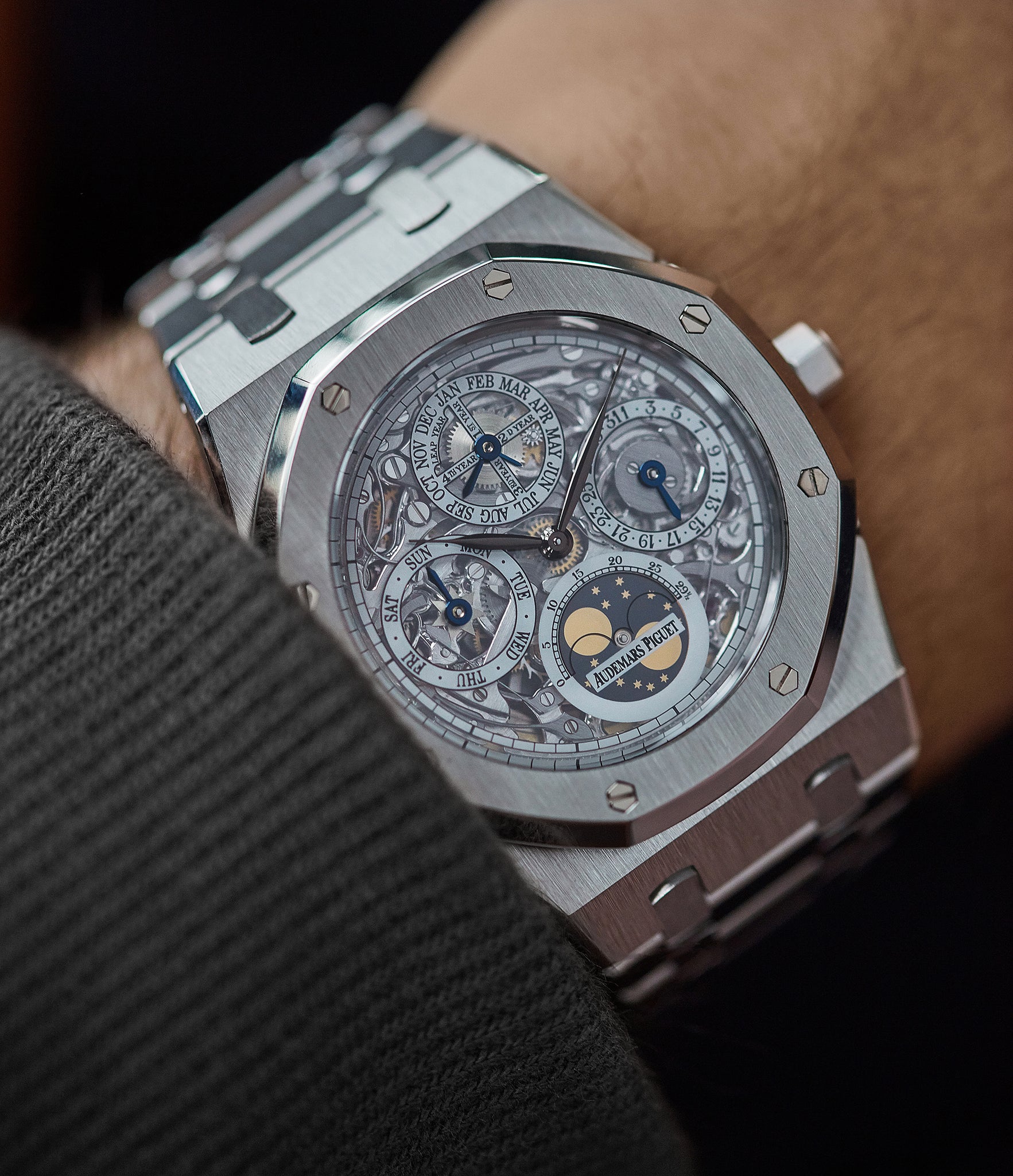 find Audemars Piguet Royal Oak 25829PT perpetual calendar skeleton dial platinum full set pre-owned watch for sale online at A Collected Man London UK specialist of rare watches