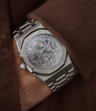 men's luxury wristwatch Audemars Piguet Royal Oak 25829PT perpetual calendar skeleton dial platinum full set pre-owned watch for sale online at A Collected Man London UK specialist of rare watches