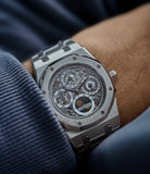 on the wrist Audemars Piguet Royal Oak 25829PT perpetual calendar skeleton dial platinum full set pre-owned watch for sale online at A Collected Man London UK specialist of rare watches