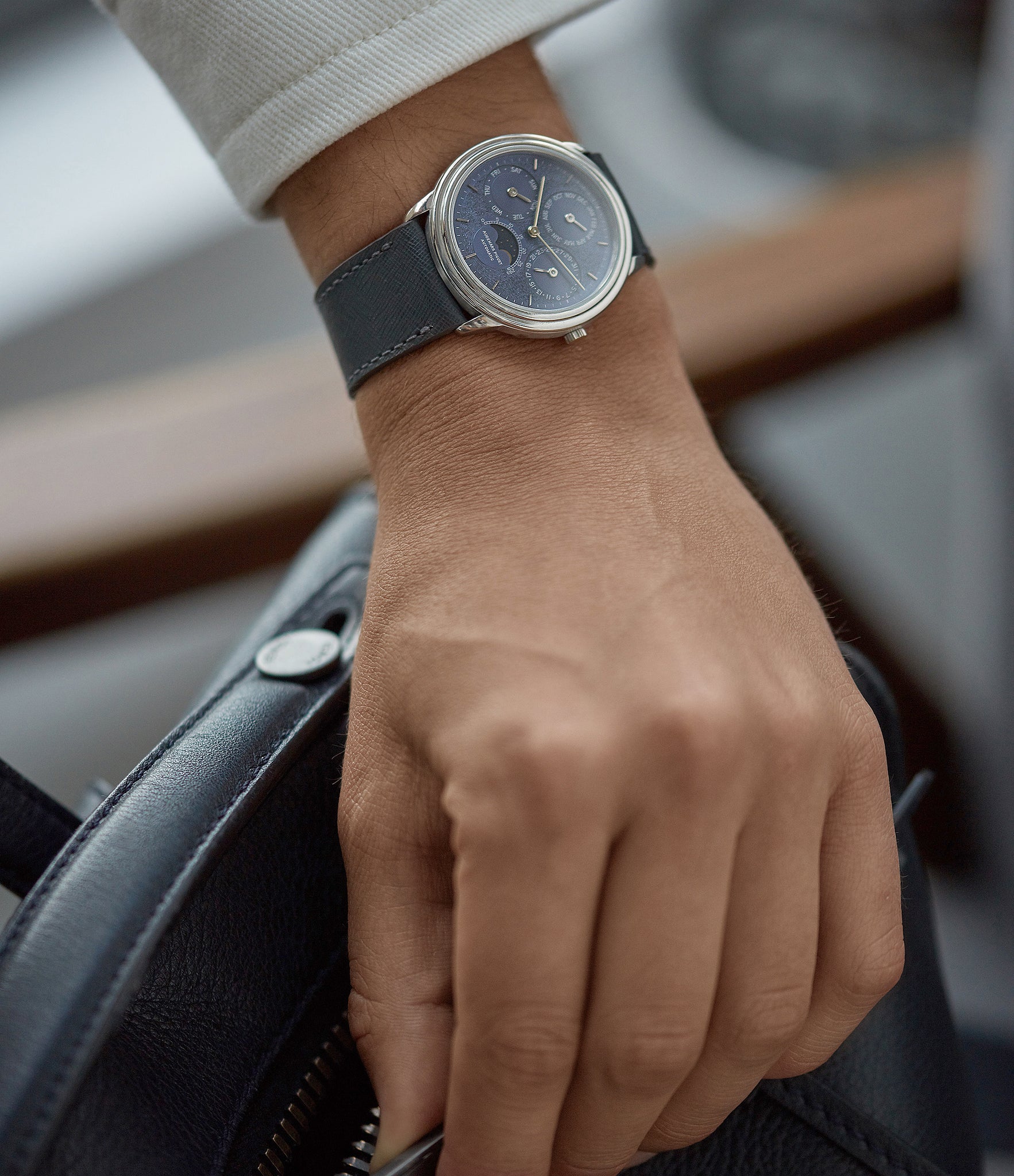 Buy saffiano quality watch strap in grey citadel grey from A Collected Man London, in short or regular lengths. We are proud to offer these hand-crafted watch straps, thoughtfully made in Europe, to suit your watch. Available to order online for worldwide delivery.