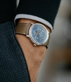 vintage Audemars Piguet Quantieme Perpetual Calendar blue dial white gold dress watch for sale online at A Collected Man London specialist vintage watches