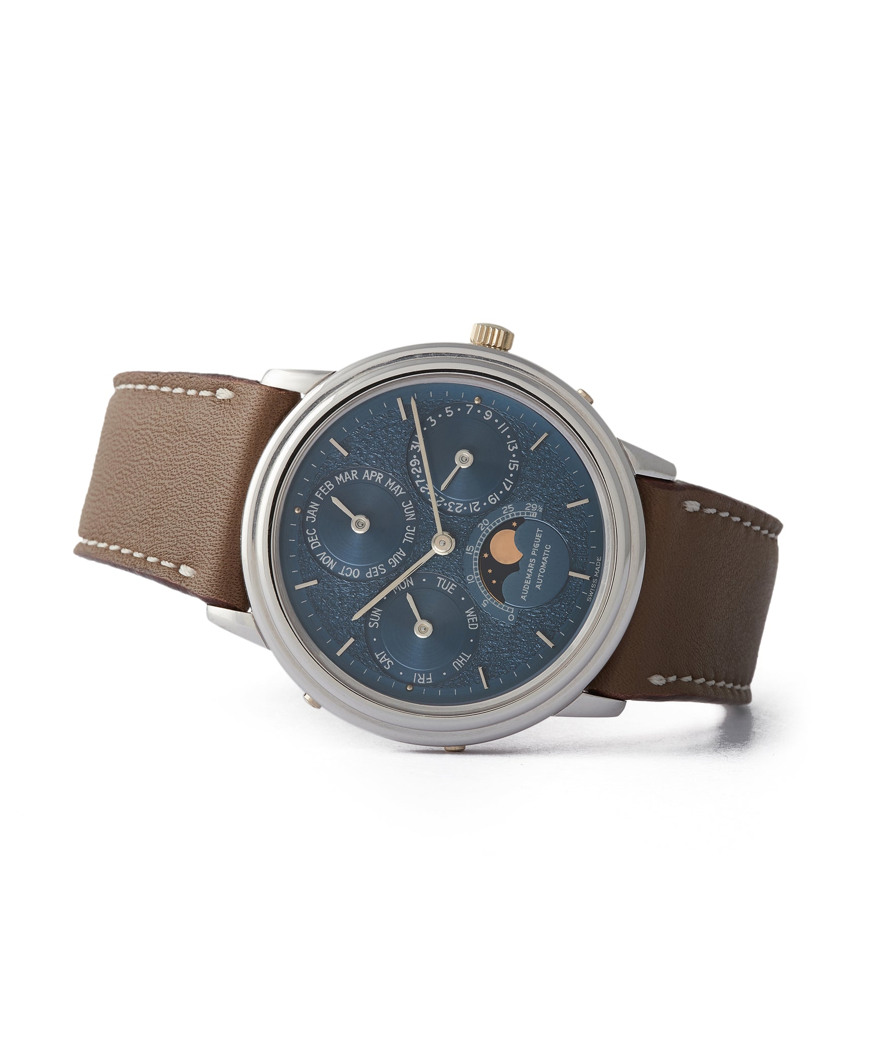 side-shot Quantieme Perpetual Calendar Audemars Piguet blue dial white gold dress watch for sale online at A Collected Man London specialist vintage watches