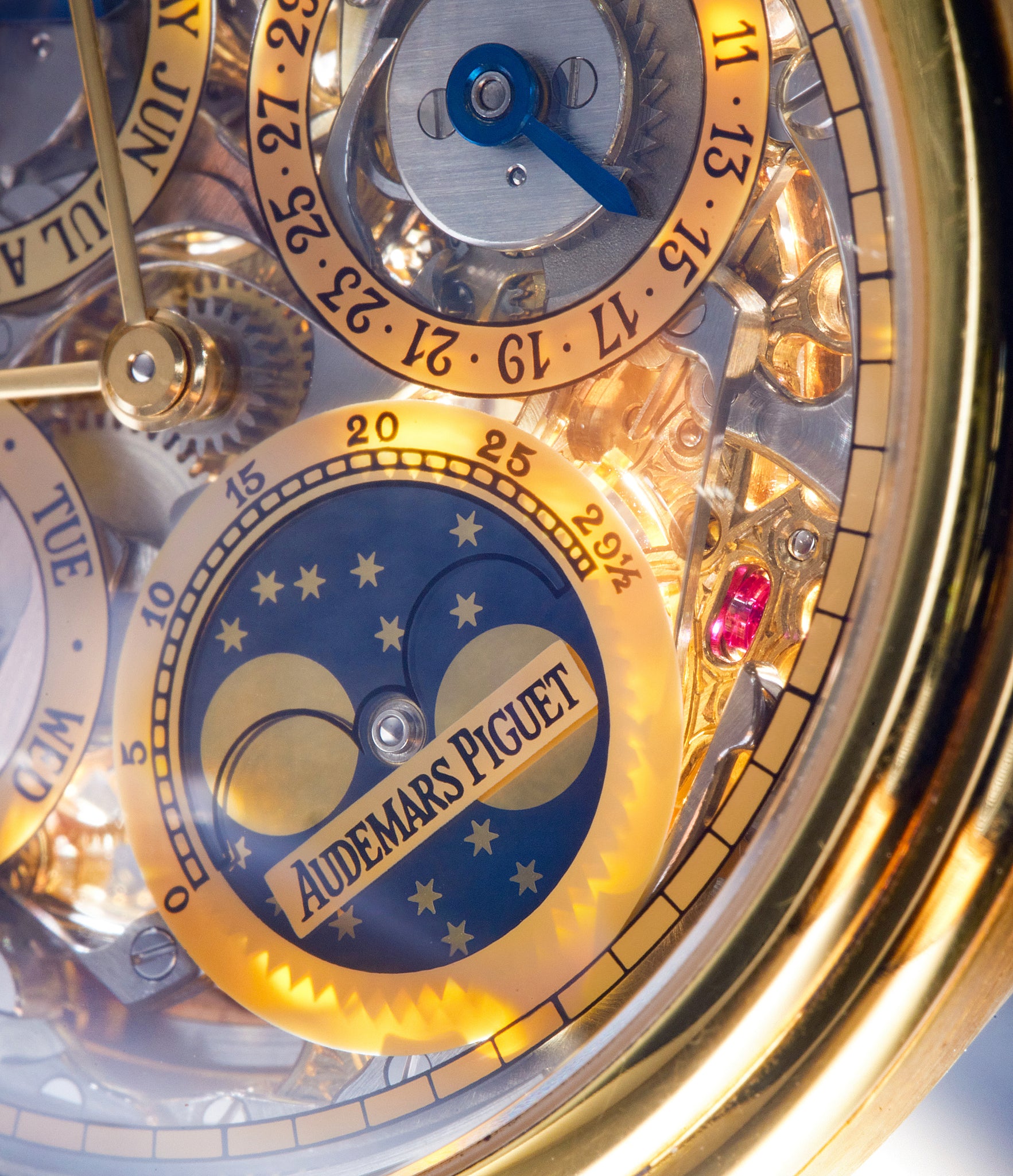 dial close up | collect Audemars Piguet Quantième Perpétuel Skeleton 25668BA Yellow Gold preowned watch at A Collected Man London
