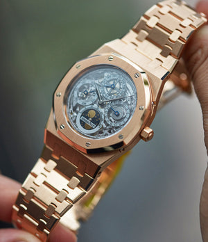 pre-owned Audemars Piguet Royal Oak Quantieme Perpetual Calendar 25829OR rose gold skeletonised sport watch for sale online at A Collected Man London UK specialist of rare watches