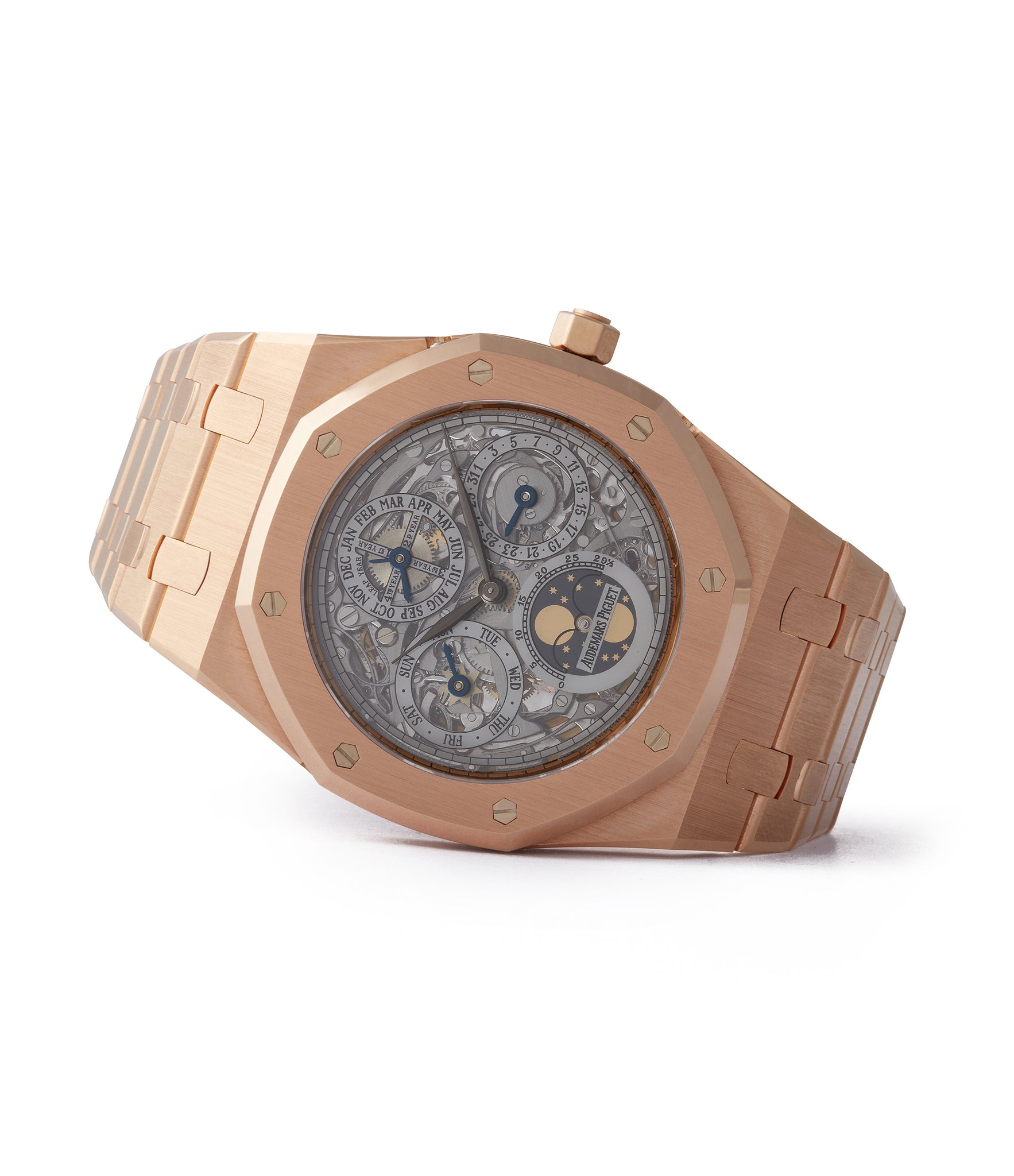 side-shot Royal Oak Audemars Piguet Quantieme Perpetual Calendar 25829OR rose gold skeletonised pre-owned sport watch for sale online at A Collected Man London UK specialist of rare watches
