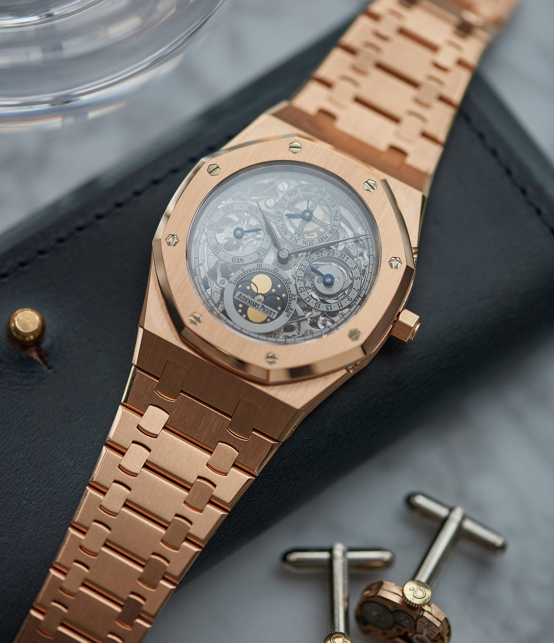 for sale Audemars Piguet Royal Oak 25829OR Quantieme Perpetual Calendar rose gold skeletonised pre-owned sport watch for sale online at A Collected Man London UK specialist of rare watches