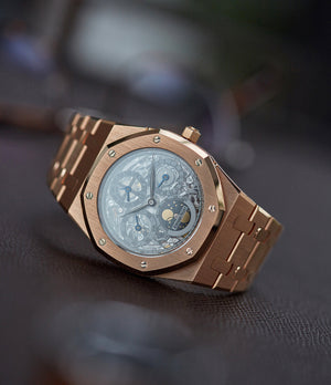 Quantieme Perpetual Calendar Audemars Piguet Royal Oak 25829OR rose gold skeletonised pre-owned sport watch for sale online at A Collected Man London UK specialist of rare watches