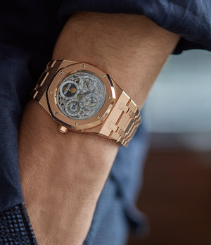 25829OR Audemars Piguet Royal Oak Quantieme Perpetual Calendar rose gold skeletonised pre-owned sport watch for sale online at A Collected Man London UK specialist of rare watches