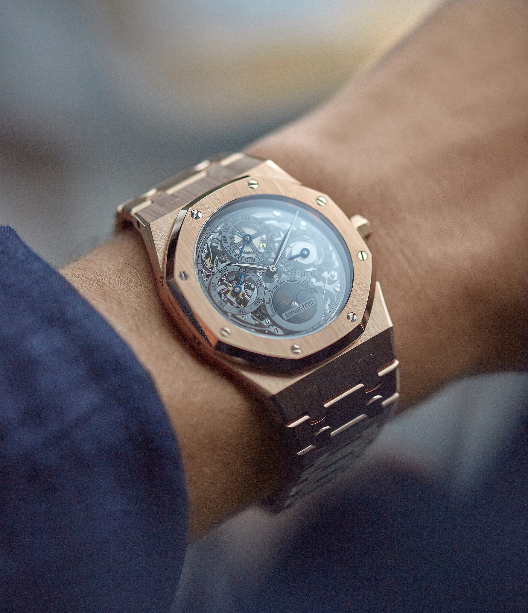 shop preowned Audemars Piguet Royal Oak 25829OR Quantieme Perpetual Calendar rose gold skeletonised pre-owned sport watch for sale online at A Collected Man London UK specialist of rare watches