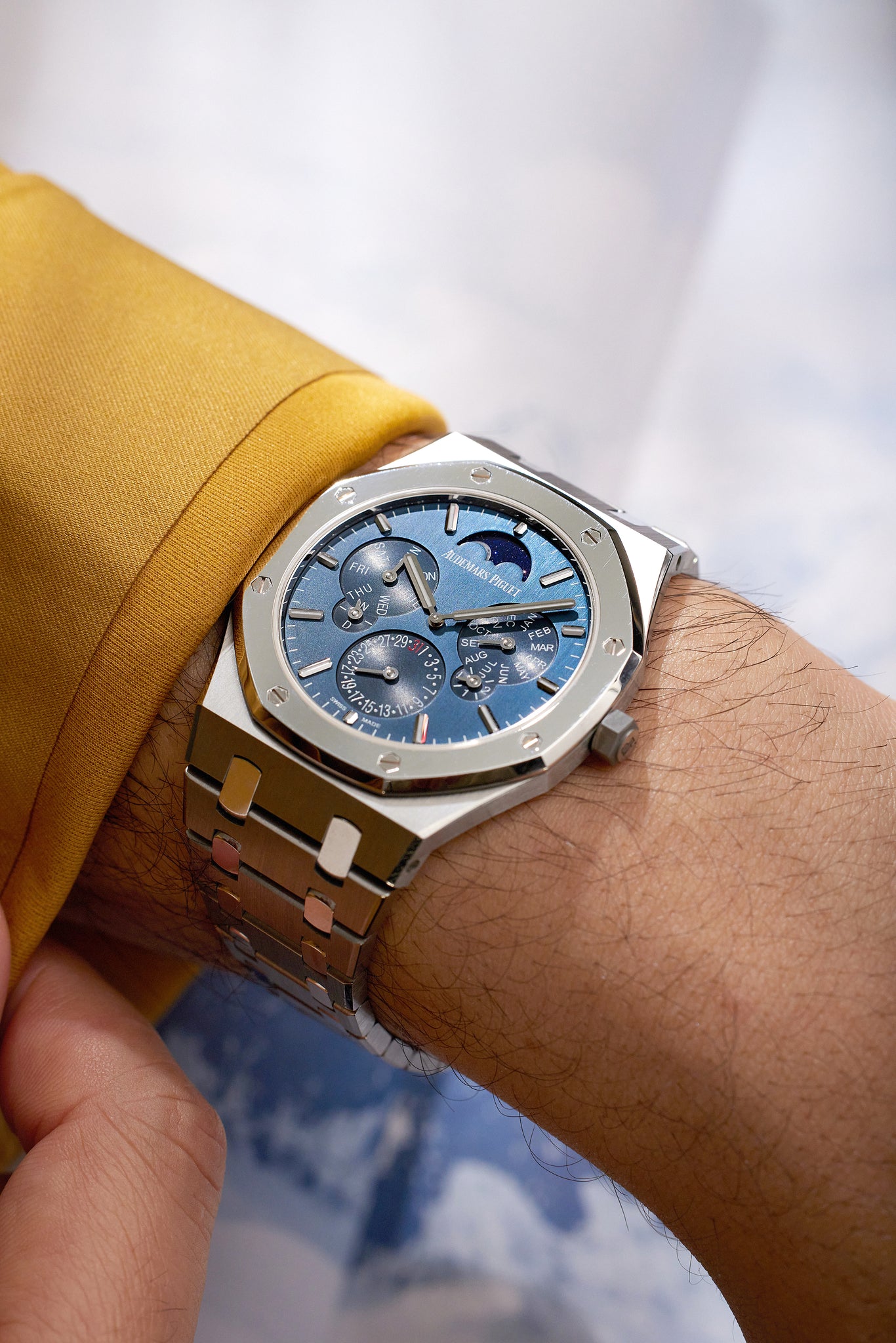 on the wrist Audemars Piguet Royal Oak Perpetual Calendar Ultra-Thin 26586IP.OO.1240IP.01 Titanium & Platinum preowned watch at A Collected Man London