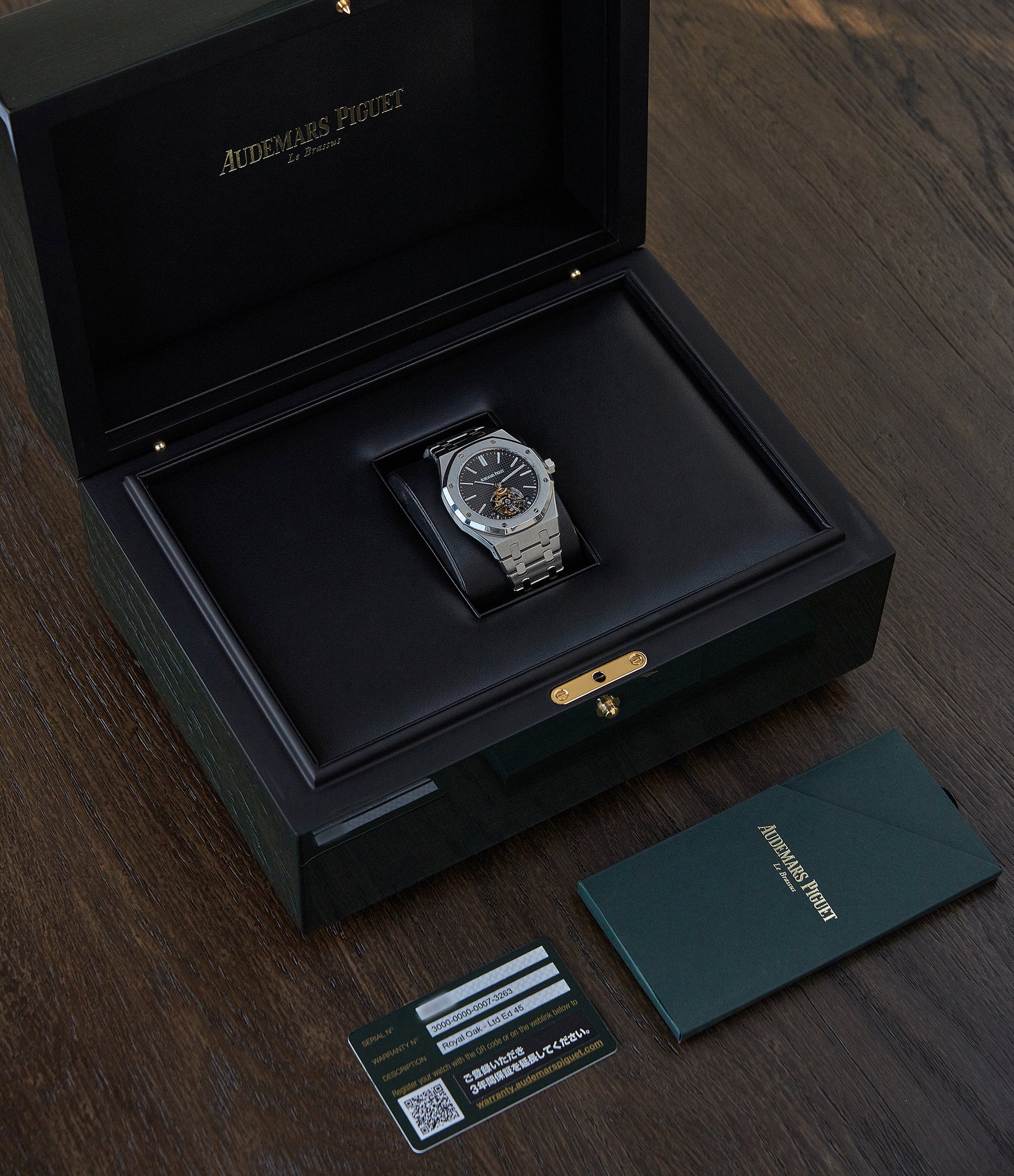 Full set Audemars Piguet Royal Oak Tourbillon extra-slim Special Edition Japanese steel pre-owned watch for sale online at A Collected Man London UK specialist of rare watches