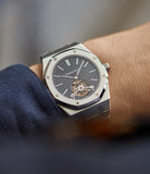 on the wrist Audemars Piguet Royal Oak Tourbillon extra-slim Special Edition Japanese steel pre-owned watch for sale online at A Collected Man London UK specialist of rare watches