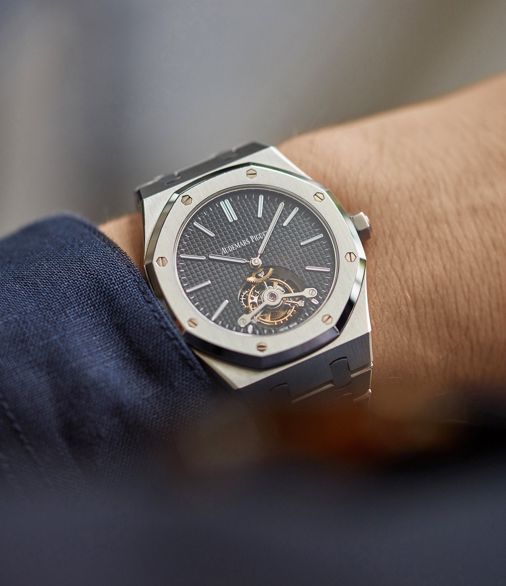 on the wrist Audemars Piguet Royal Oak Tourbillon extra-slim Special Edition Japanese steel pre-owned watch for sale online at A Collected Man London UK specialist of rare watches