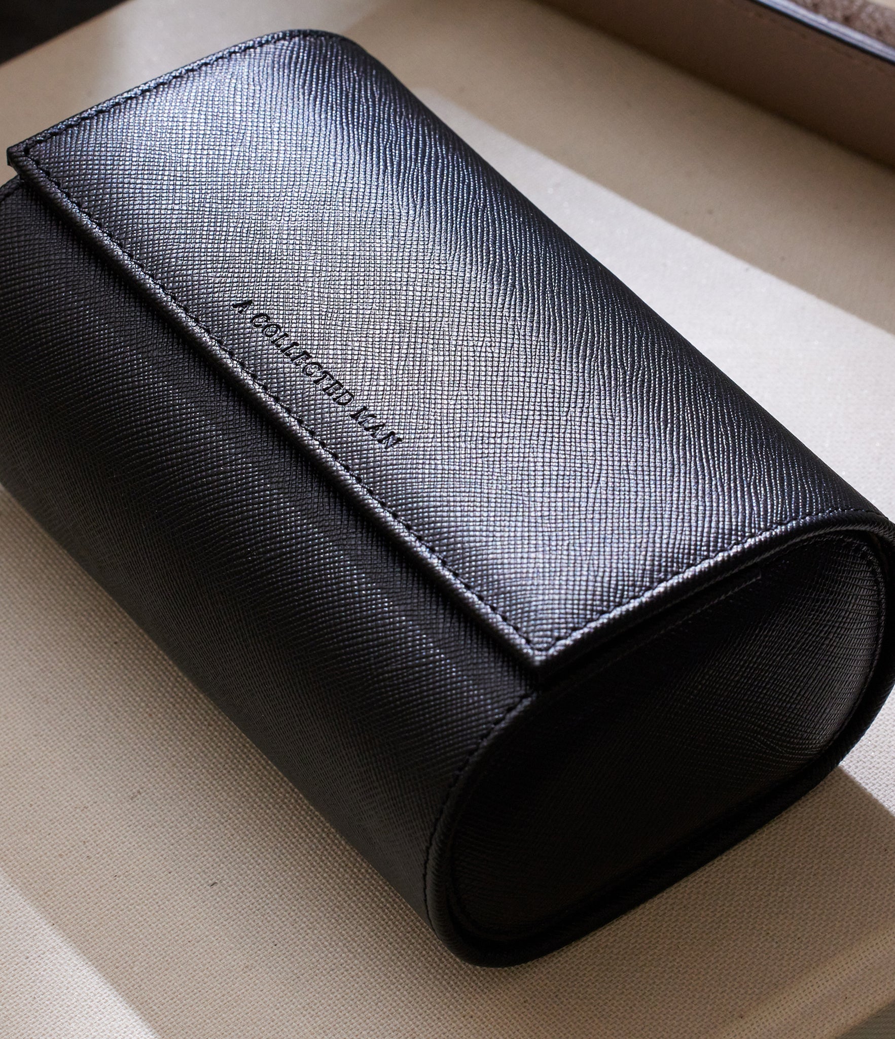Watch Case Two-watch oval-shaped roll in black Saffiano leather | A Collected Man | Available World Wide