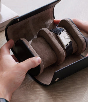 Watch Case Two-watch oval-shaped roll in black Saffiano leather | A Collected Man | Available World Wide