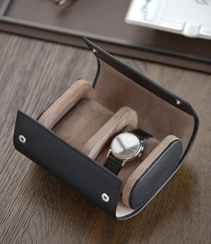 Watch Case Two-watch oval-shaped roll in black Saffiano leather | A Collected Man | Available World Wide