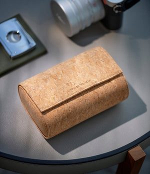Two-watch oval-shaped roll in cork, stylish and secure home for your favourite watches, designed with travelling or daily storage in mind