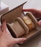 Watch case | Barcelona two watch roll desert taupe saffiano leather | A Collected Man | Available Worldwide