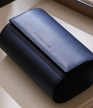 Barcelona, two-watch roll, midnight blue, grained leather | Buy at A Collected Man London