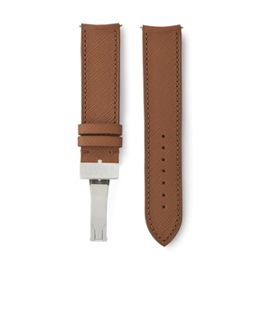 Selling 20mm x 19mm Bruges Molequin F. P. Journe curved watch strap Saffiano tan calfskin leather quick-release springbars buckle handcrafted European-made for sale online at A Collected Man London
