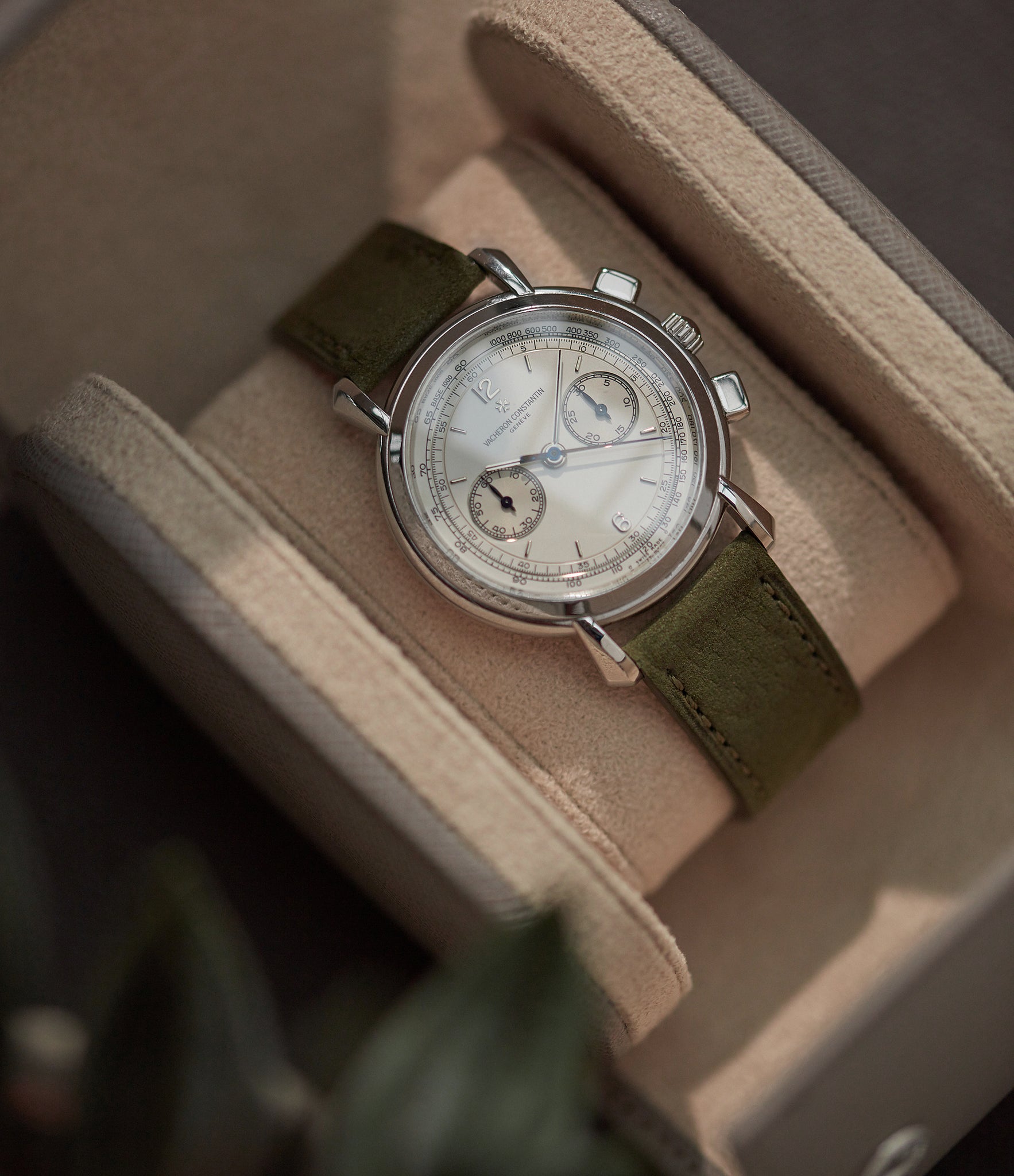 Shop Cape Town Molequin watch strap Vacheron Constantin khaki olive green nubuck leather quick-release springbars buckle handcrafted European-made for sale online at A Collected Man London