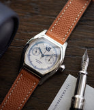 Shop Paris Molequin watch strap Cartier grained tan calfskin leather quick-release springbars buckle handcrafted European-made for sale online at A Collected Man London
