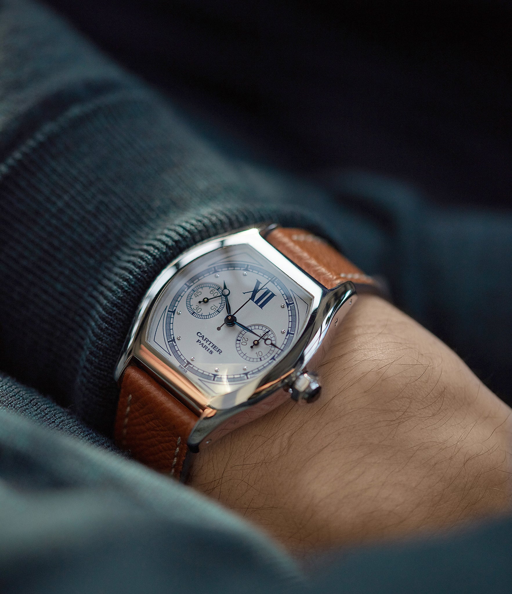 on the wrist Cartier Monopusher 2396 Cal. 045MC THA by independent watchmakers chronograph  for sale at A Collected Man London UK specialist of rare watches