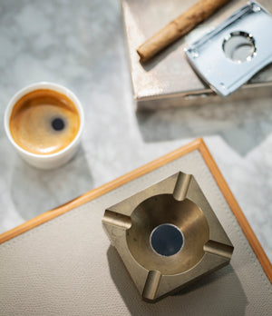 Photo from above of vintage collectable Cartier bronze ashtray available to buy at A Collected Man London