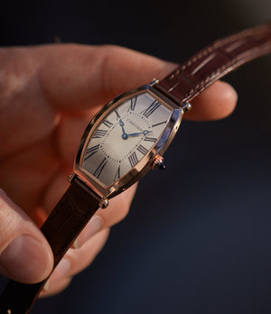 pre-owned Cartier Montre Tonneau rose gold time-only luxury rare dress watch for sale online at A Collected Man London