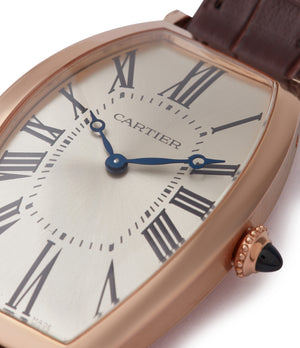 Cartier Roman numerals Montre Tonneau rose gold time-only luxury rare dress watch for sale online at A Collected Man London