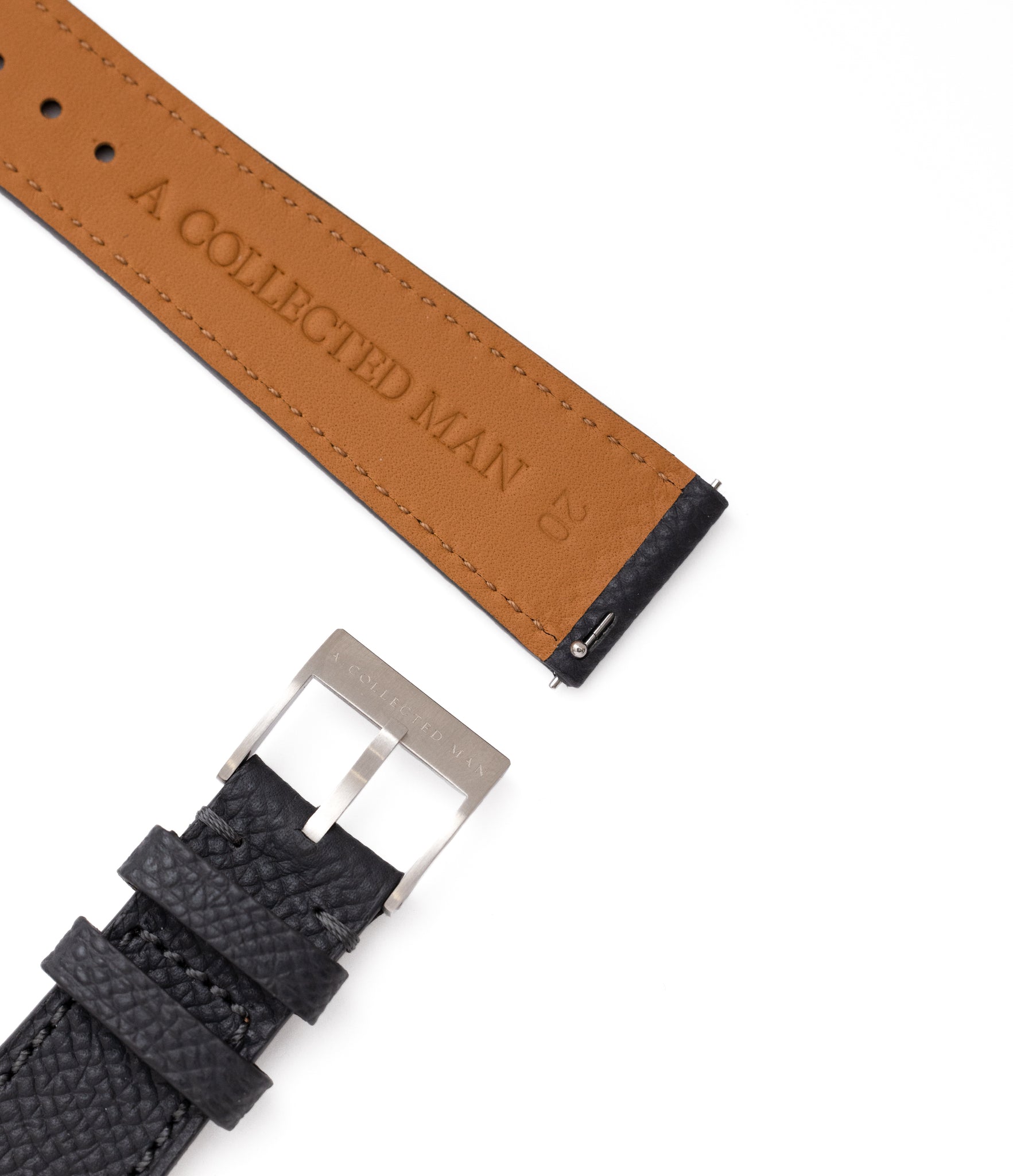 Buy grained leather quality watch strap in misty slate grey from A Collected Man London, in short or regular lengths. We are proud to offer these hand-crafted watch straps, thoughtfully made in Europe, to suit your watch. Available to order online for worldwide delivery.