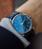 on the wrist F. P. Journe Chronometre Bleu tantalum blue dial watch independent watchmaker for sale online at A Collected Man London UK specialist of rare watches 