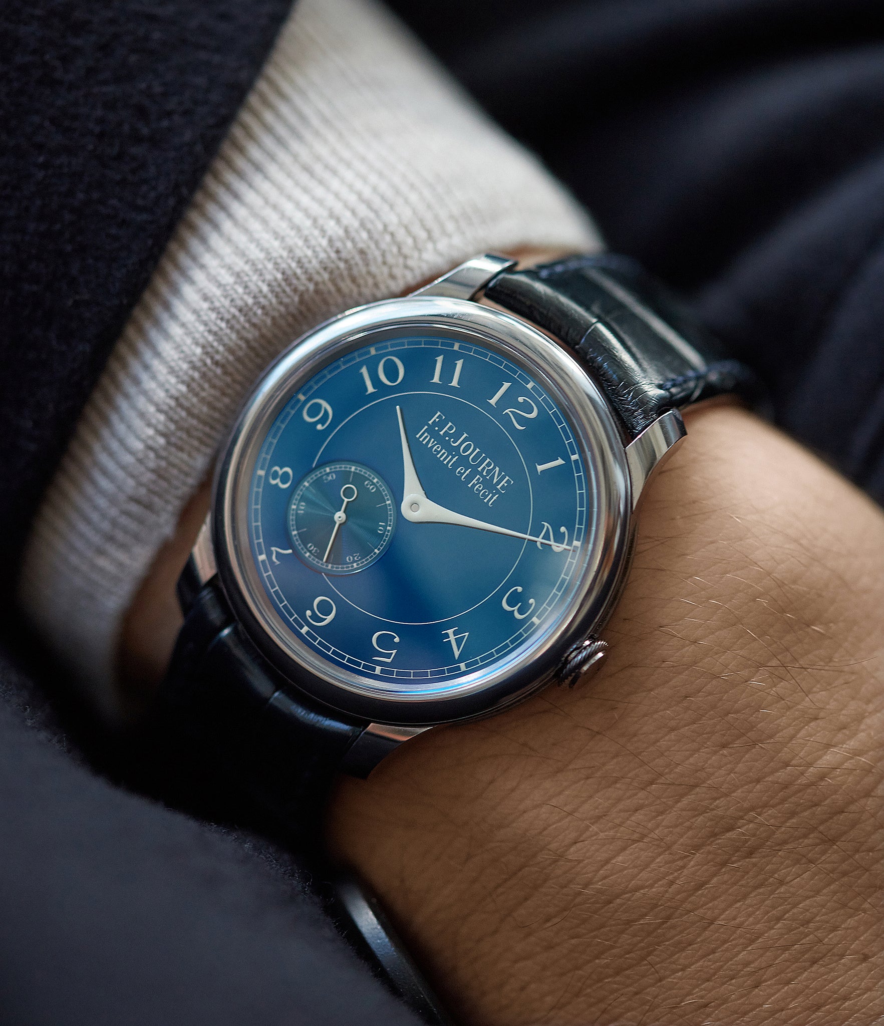 men's luxury dress watch F. P. Journe Chronometre Bleu tantalum blue dial watch independent watchmaker for sale online at A Collected Man London UK specialist of rare watches 