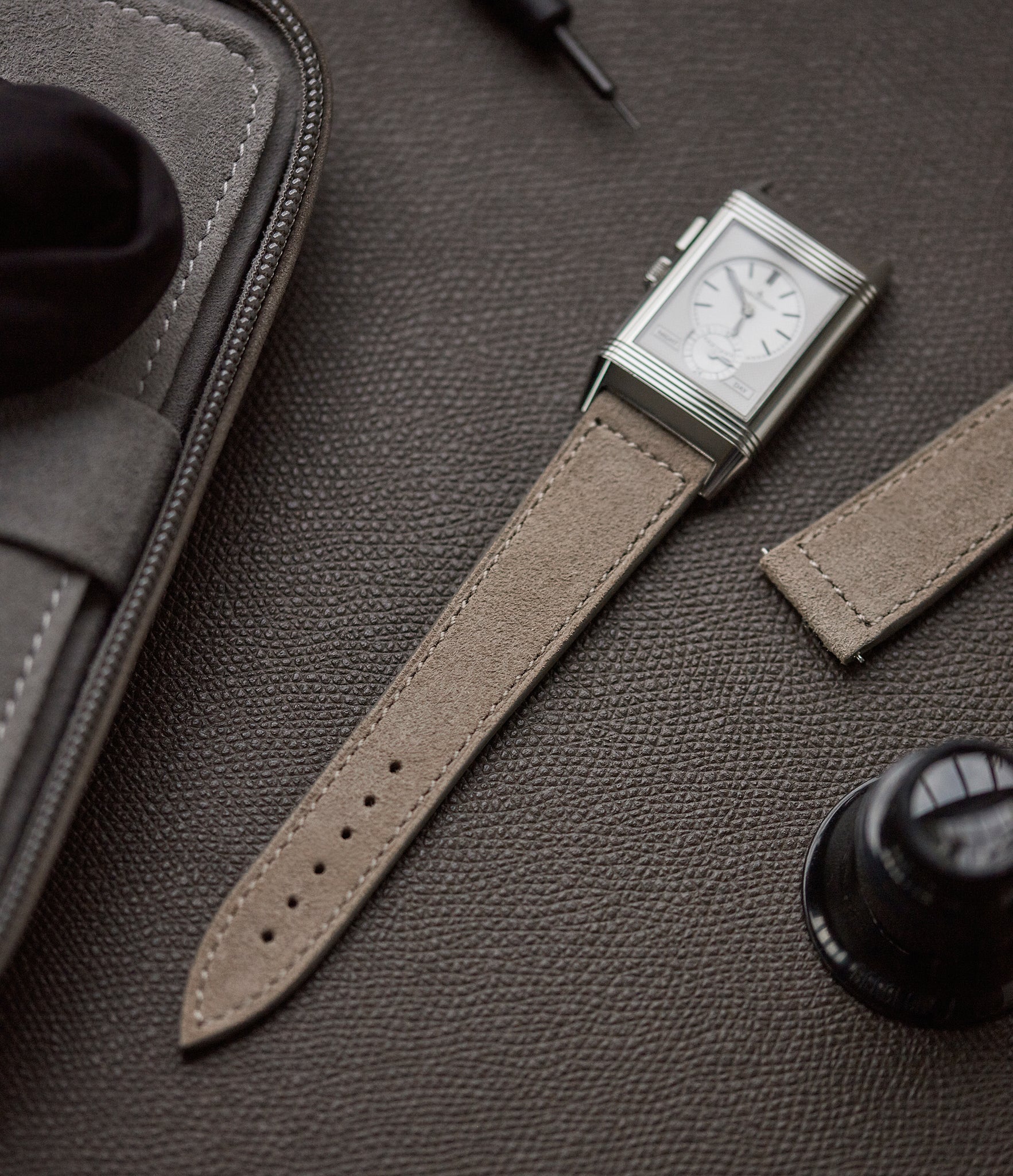 Selling Copenhagen Molequin watch strap light taupe suede leather box stitched quick-release springbars buckle handcrafted European-made for sale online at A Collected Man London