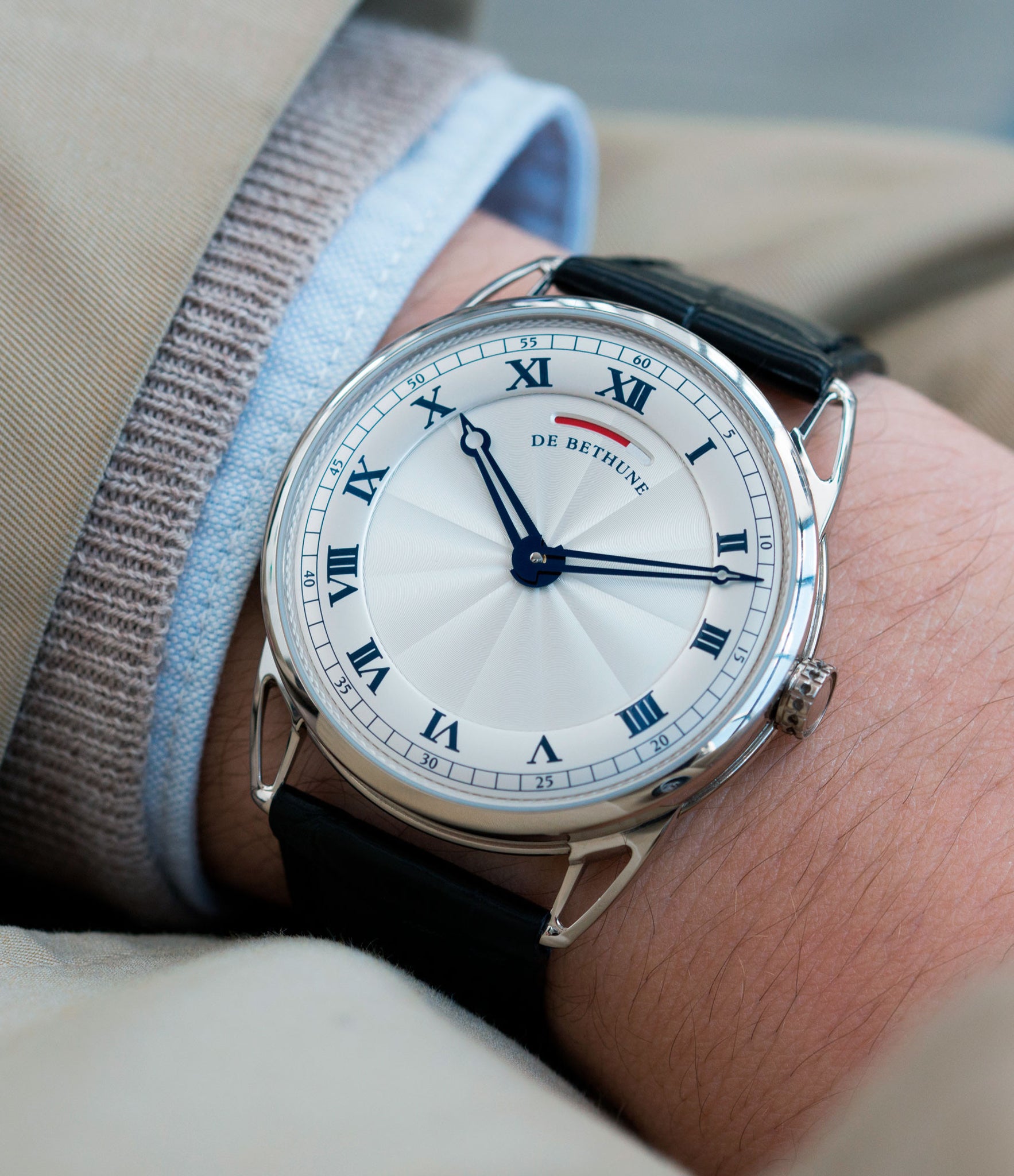 on the wrist De Bethune DB25 white gold preowned luxury gentlemen's wristwatch for sale online at A Collected Man London approved reseller of independent watchmakers