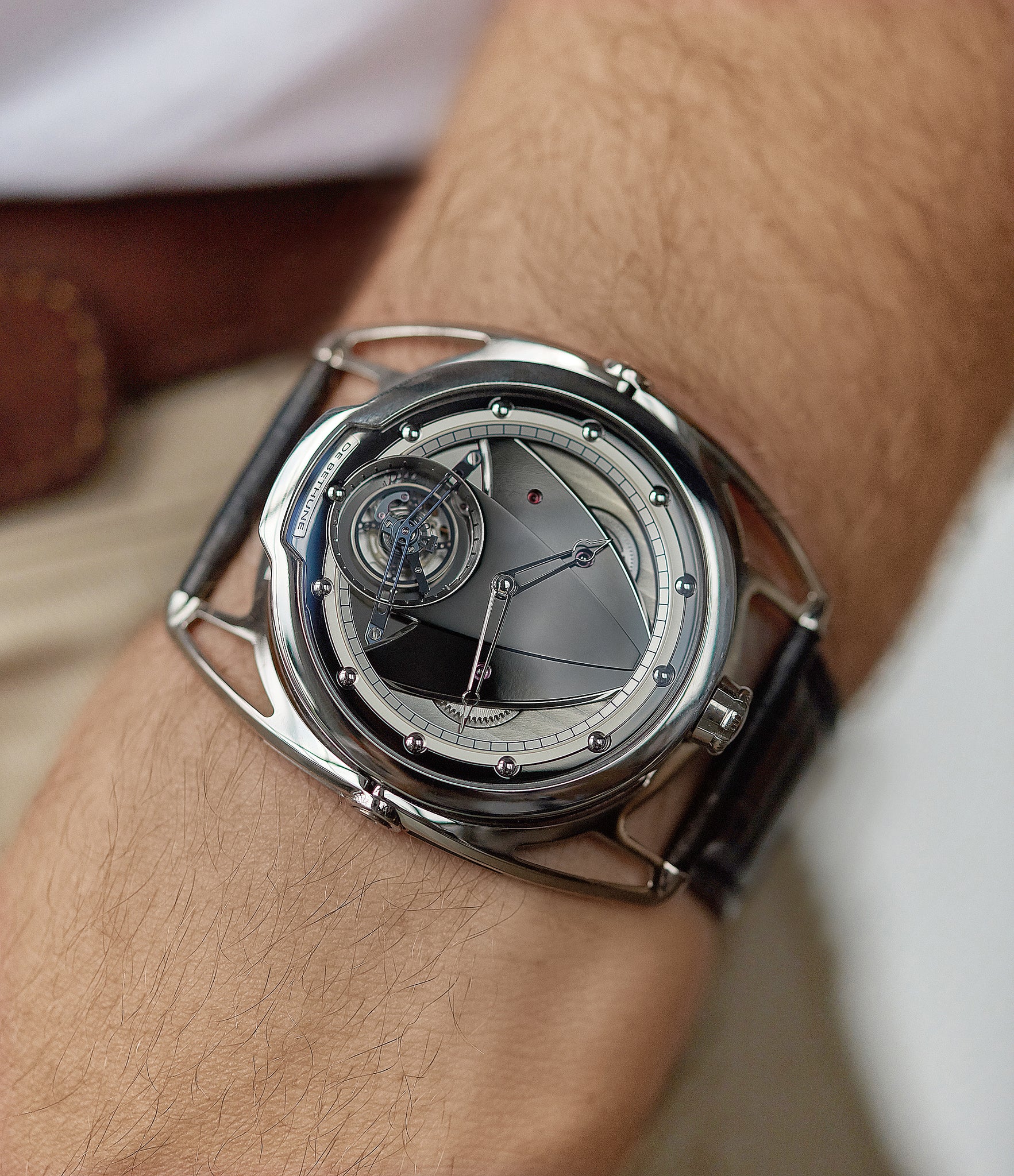 on the wrist De Bethune DB28T tourbillon titanium time-only watch from independent watchmaker for sale online at A Collected Man London UK specialist of rare watches