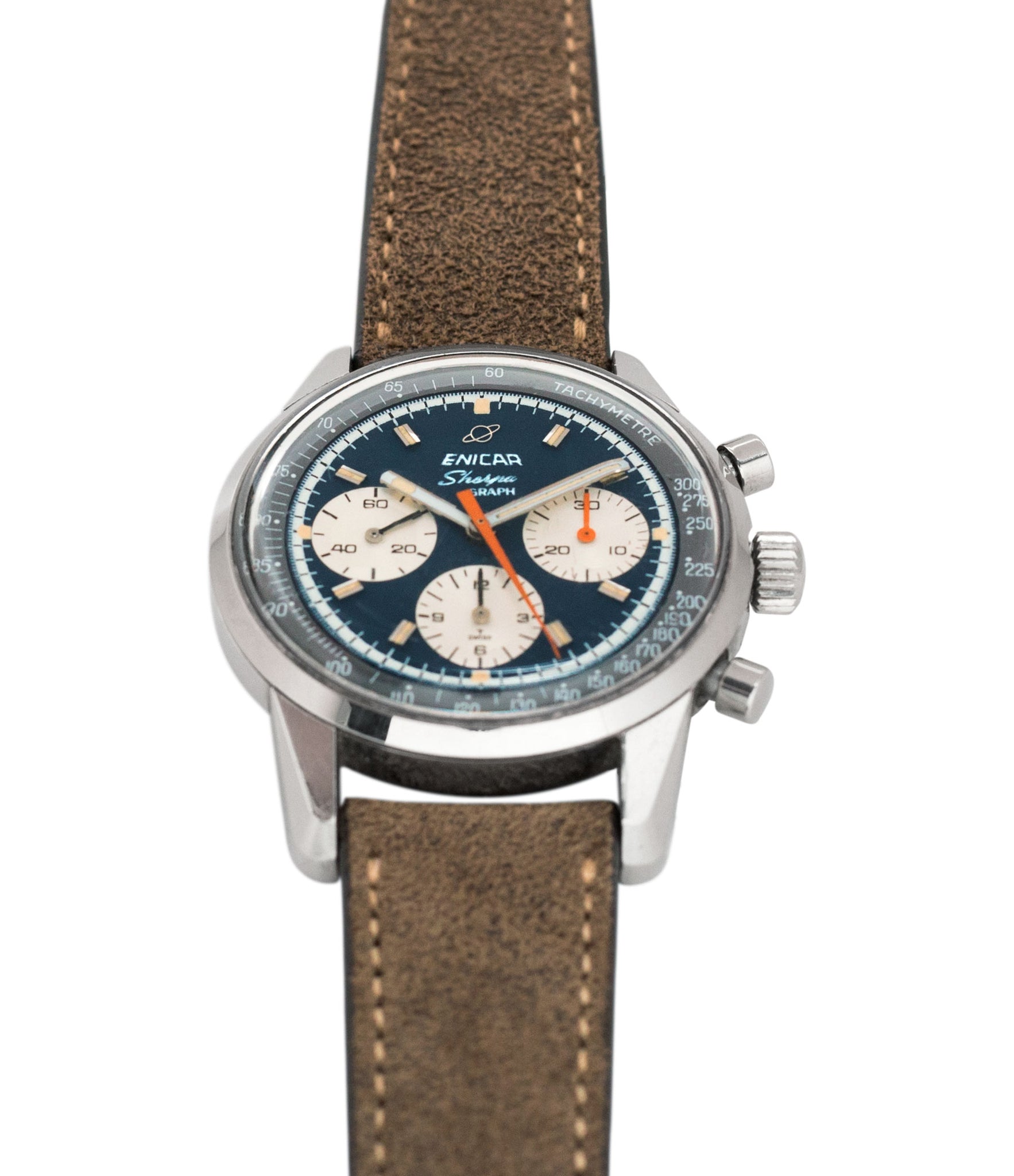 buy vintage Jim Clark Mark IV Enicar Sherpa Graph 300 Ref. 072-02-01 steel chronograph sport racing watch for sale online at A Collected Man London UK vintage watch specialist