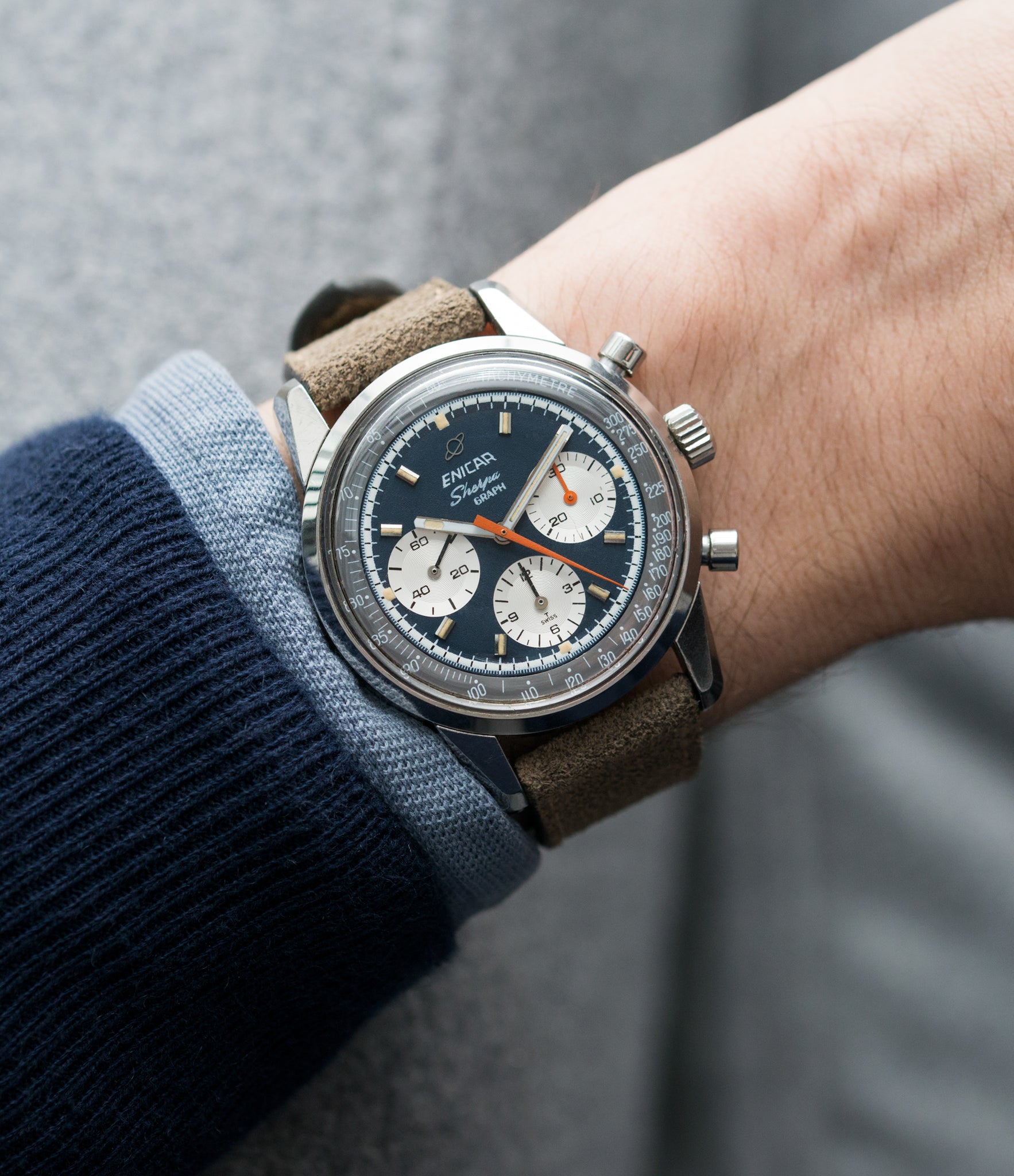 on the wrist Enicar Sherpa Graph 300 Ref. 072-02-01 vintage steel chronograph sport racing watch for sale online at A Collected Man London UK vintage watch specialist