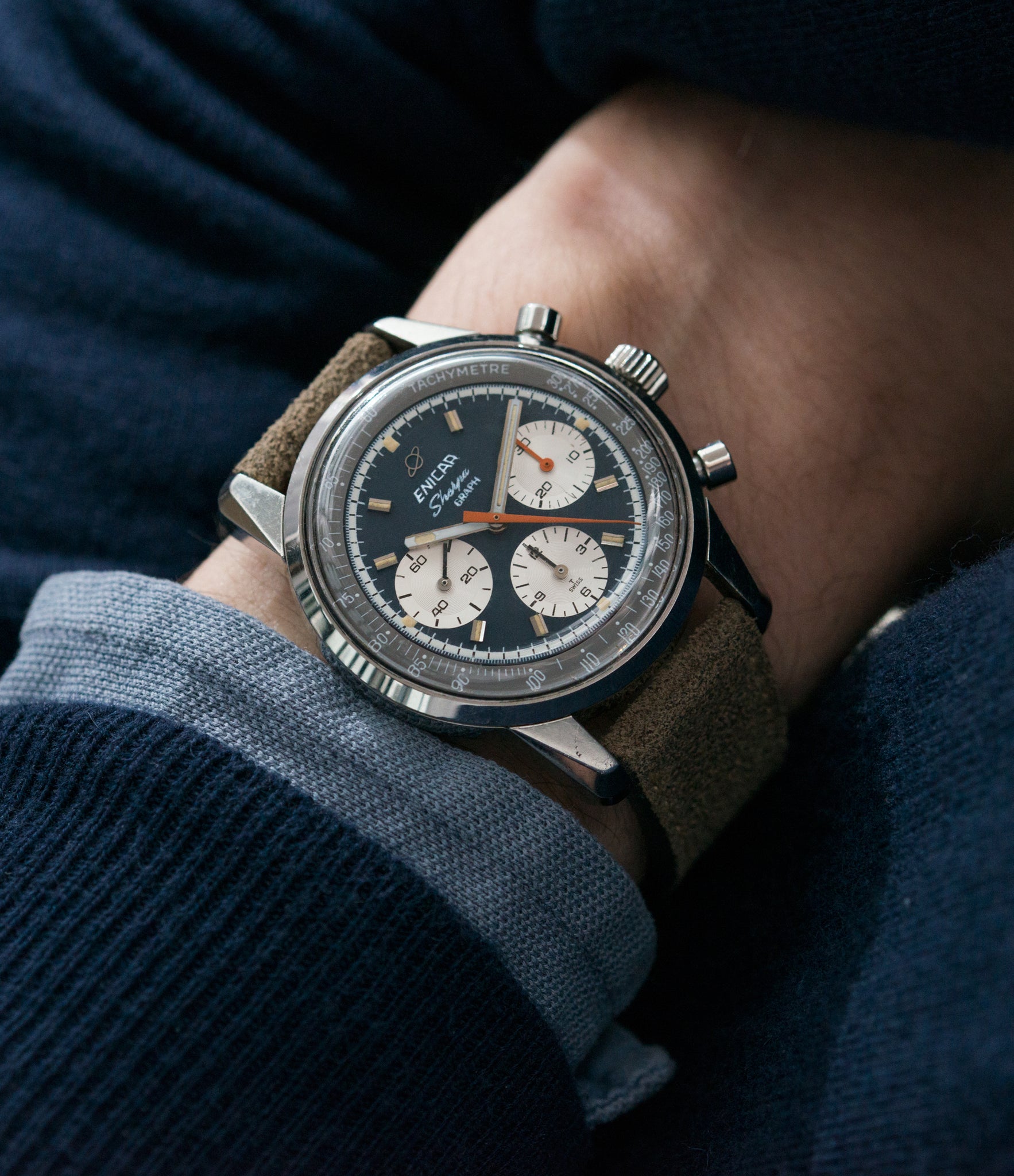classic vintage sport watch Jim Clark Mark IV Enicar Sherpa Graph 300 Ref. 072-02-01 steel chronograph sport racing watch for sale online at A Collected Man London UK vintage watch specialist