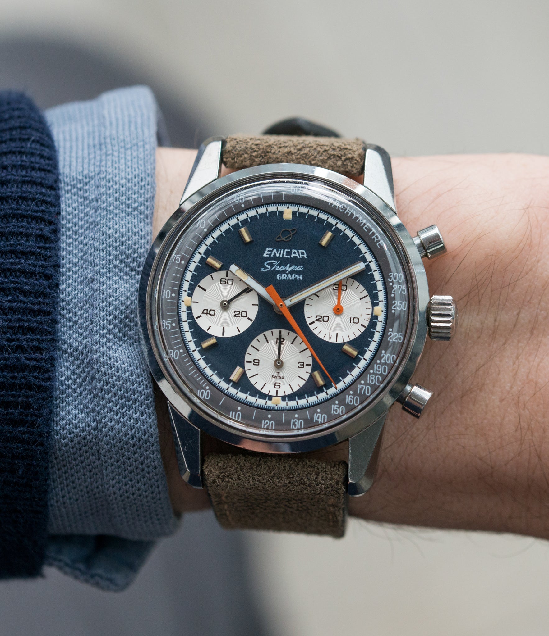 gent classic sport vintage watch Jim Clark Mark IV Enicar Sherpa Graph 300 Ref. 072-02-01 steel chronograph sport racing watch for sale online at A Collected Man London UK vintage watch specialist