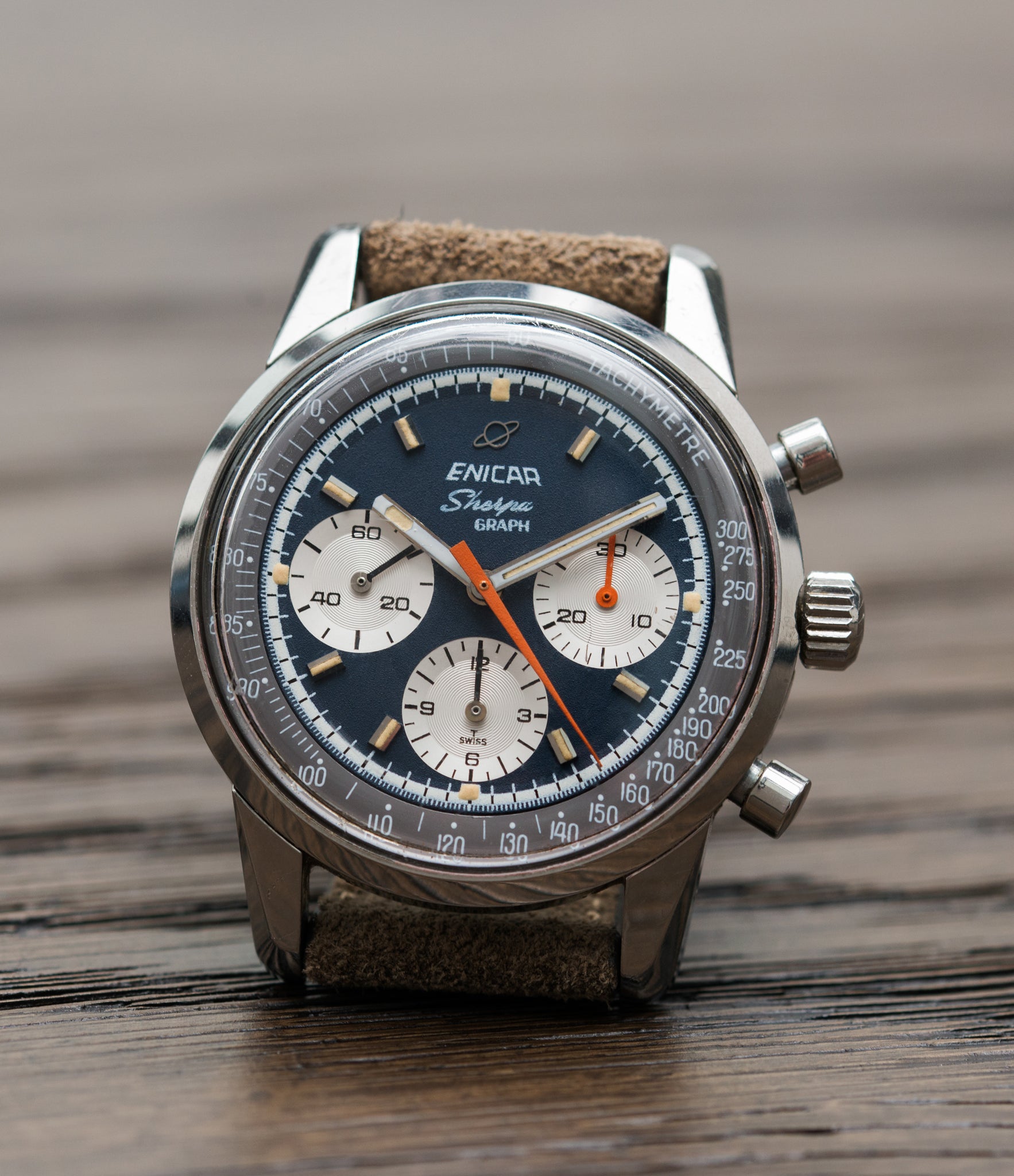 selling Enicar Sherpa Graph 300 Ref. 072-02-01 vintage steel chronograph sport racing watch for sale online at A Collected Man London UK vintage watch specialist