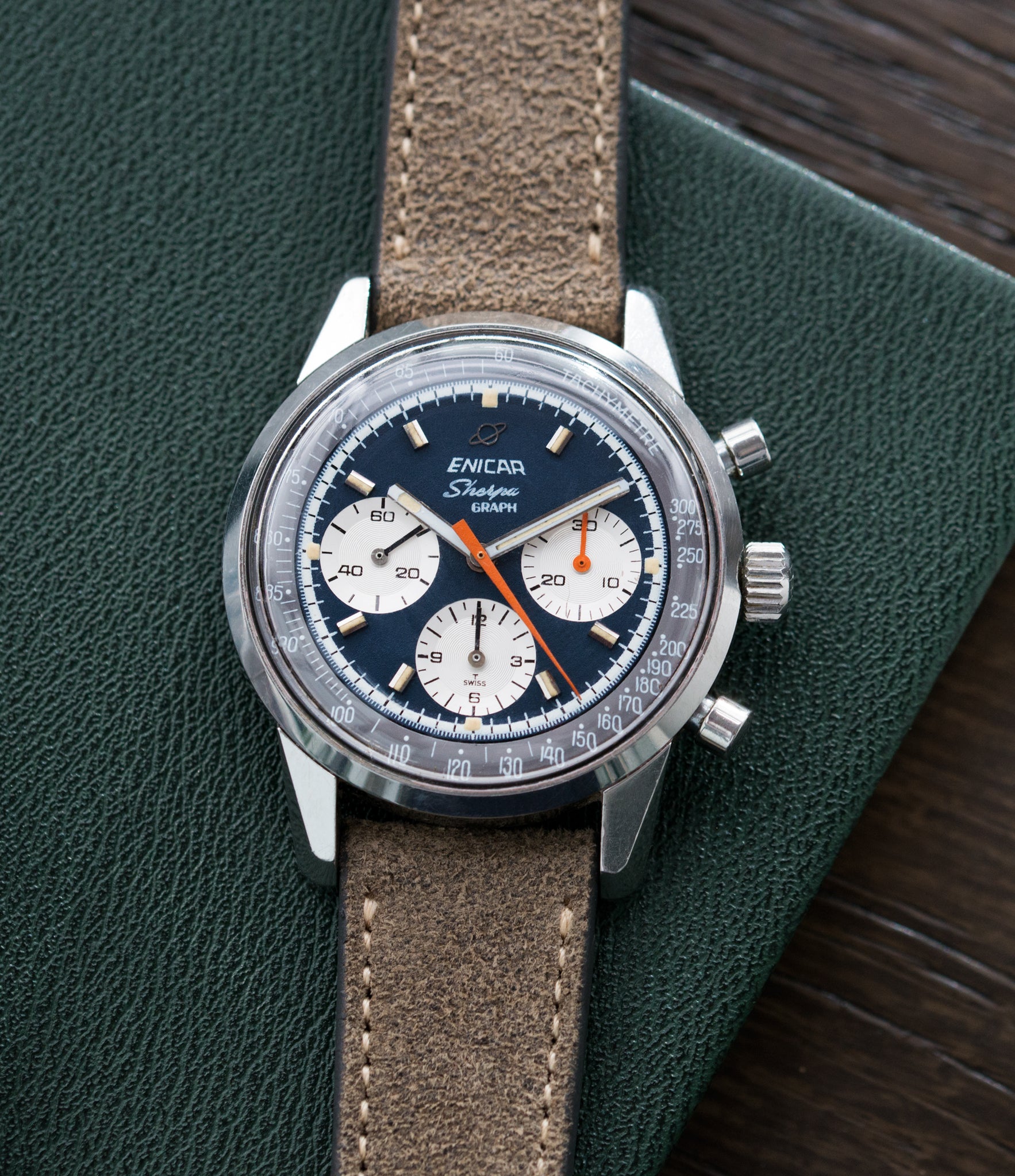 Jim Clark classic vintage sport watch Enicar Sherpa Graph 300 Ref. 072-02-01 steel chronograph sport racing watch for sale online at A Collected Man London UK vintage watch specialist